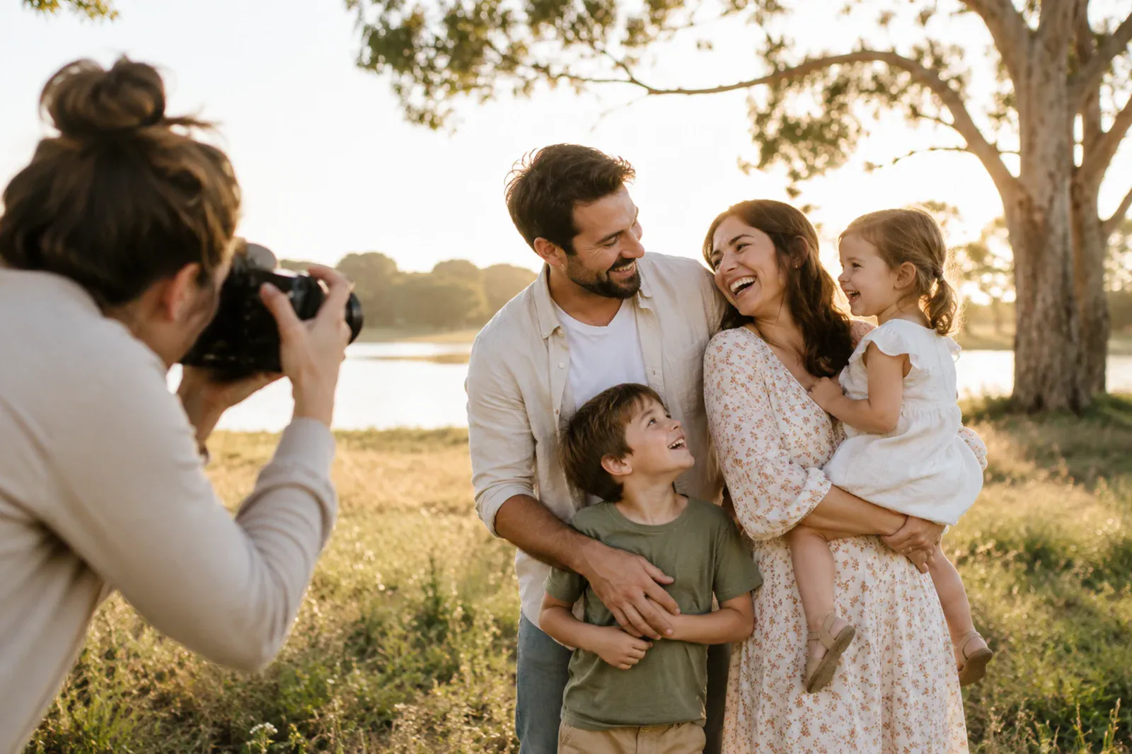A family posing outdoors while a photographer takes their portrait