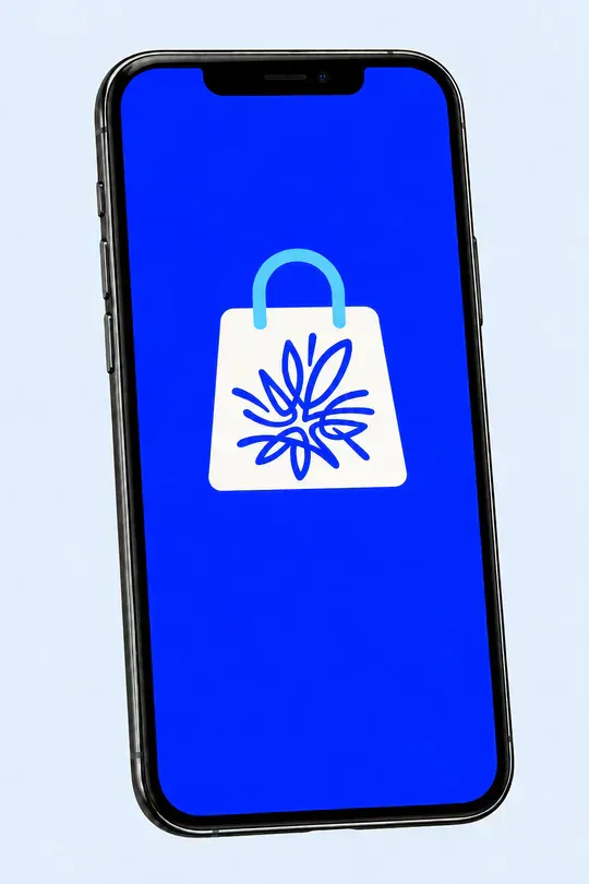 Illustrative AMP Rewards phone artwork with its blue branded screen